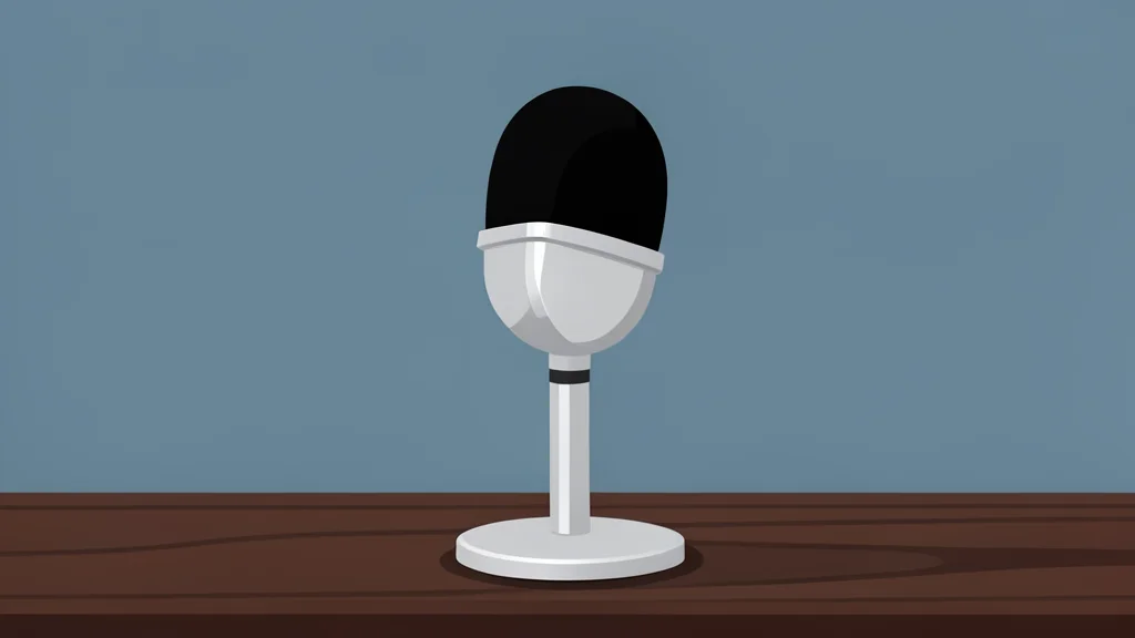 A sleek microphone stand rises from a dark stage floor, bathed in a single beam of warm white light.