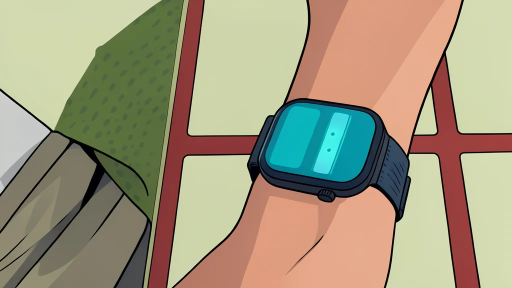 A close-up of a modern smartwatch with a round face and a textured strap resting on a wooden surface