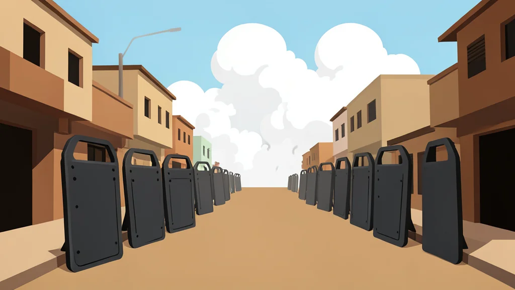 A dusty street in a West African city with a line of riot shields and a cloud of white smoke.