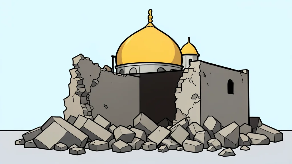 A damaged mosque structure with collapsed walls and rubble