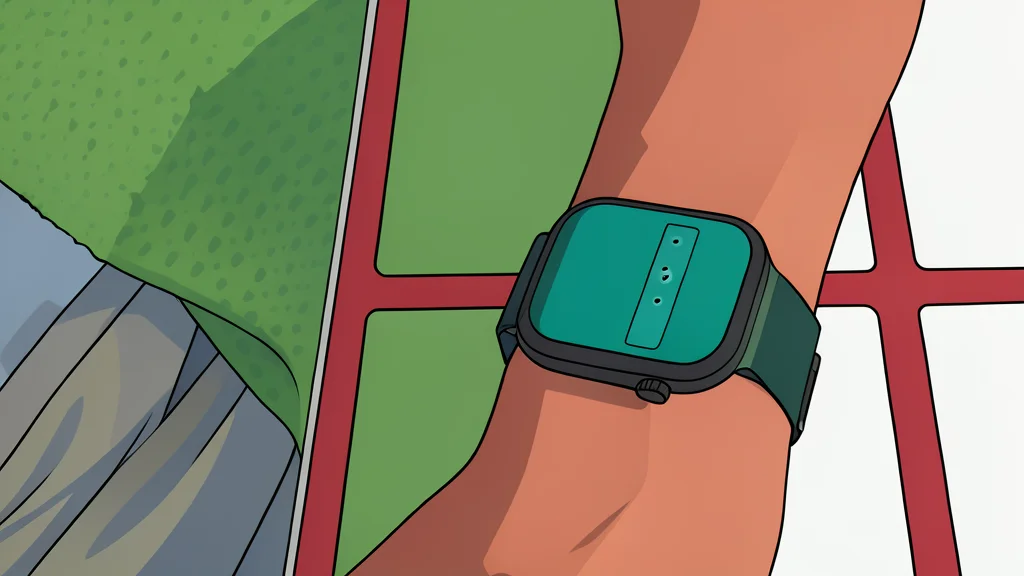 A close-up of a modern smartwatch with a round digital display and a textured silicone strap resting on a wooden surface.