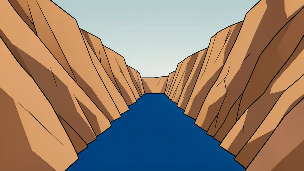 A narrow, deep blue waterway flanked by steep, arid rocky cliffs under a hazy sky