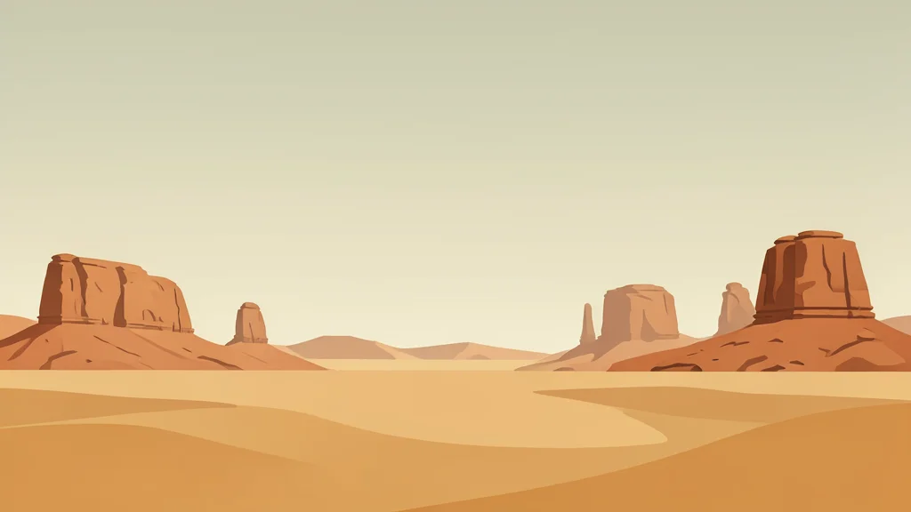 A vast, arid desert landscape with ancient rock formations under a clear sky