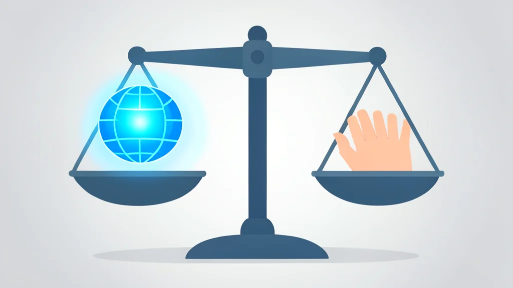 A balanced scale with one side holding a glowing digital orb and the other side holding a human hand