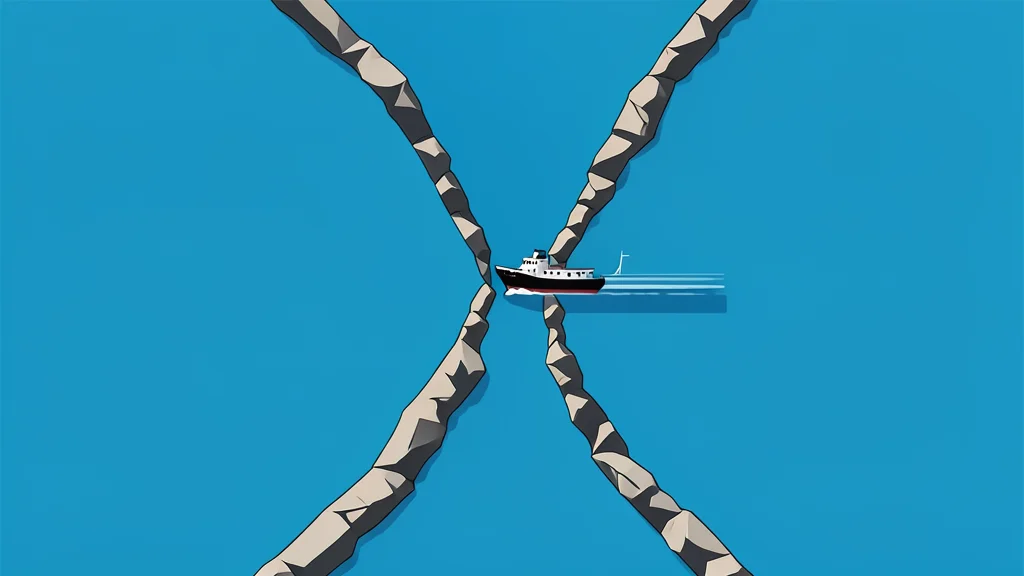 A narrow, rocky strait connecting two large bodies of water with a single ship passing through