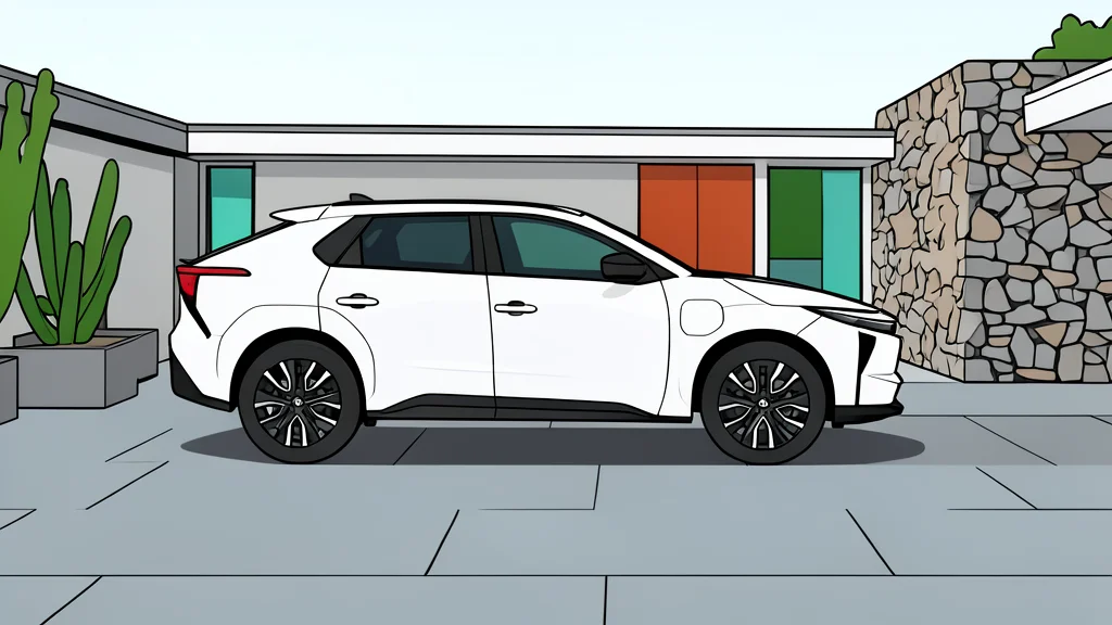 A modern electric SUV parked on a quiet suburban street with a charging cable connected to a wall-mounted unit