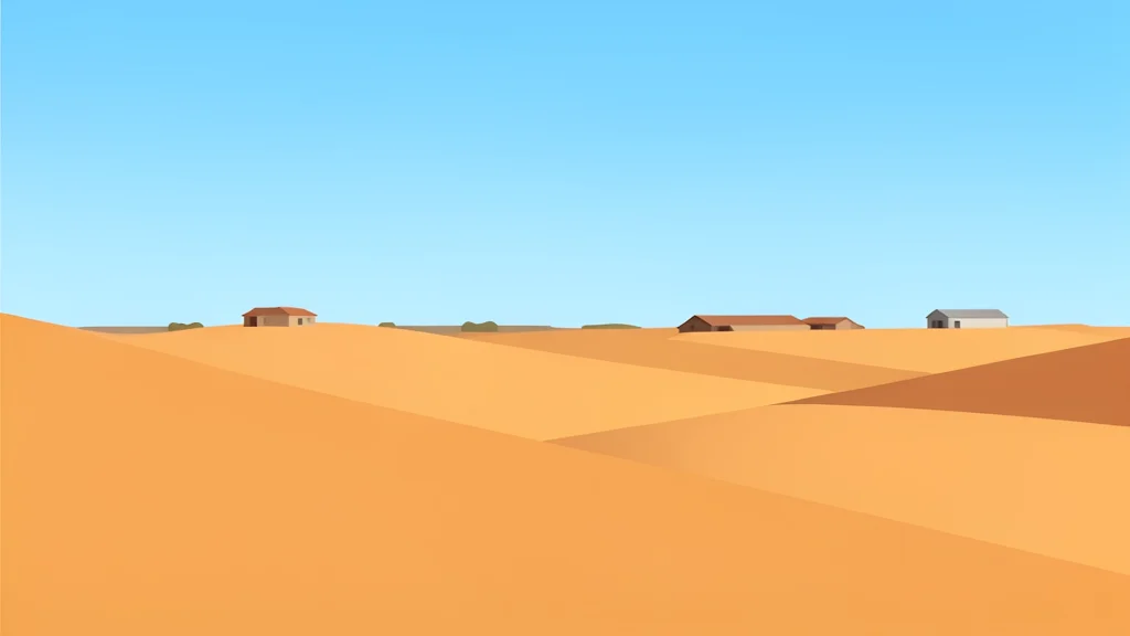 A vast expanse of sand dunes under a clear sky with a distant view of simple, low-lying structures