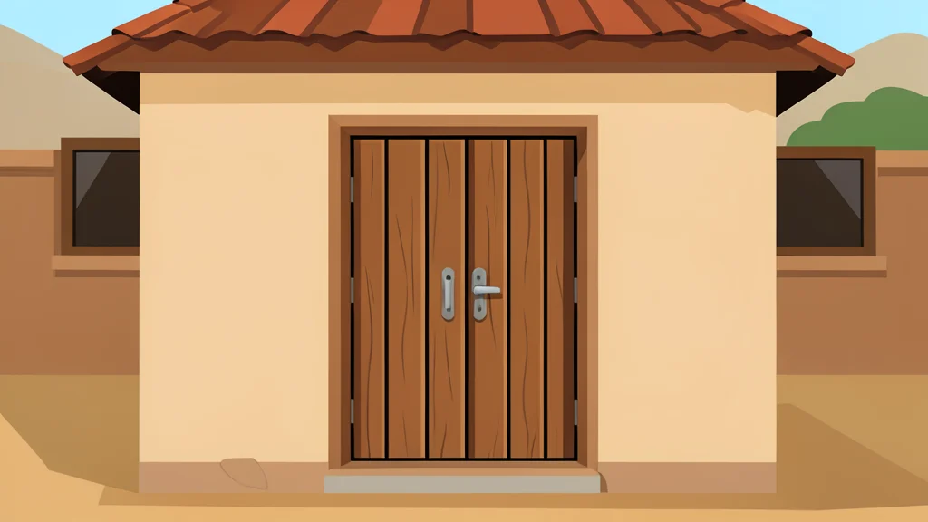 A weathered wooden door with a heavy iron lock stands closed in a modest rural house.