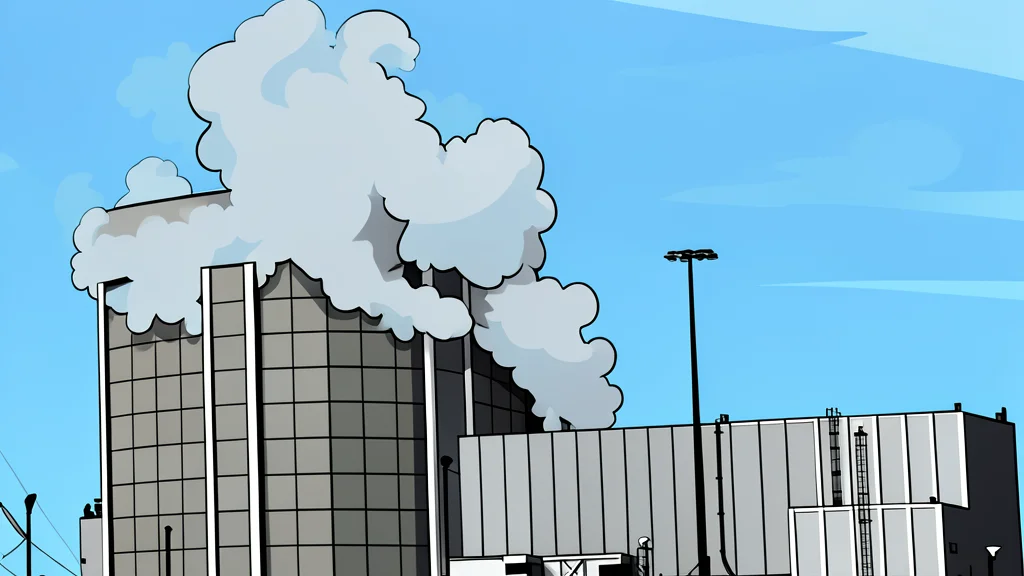 A large industrial cooling tower with steam rising from the top against a clear sky