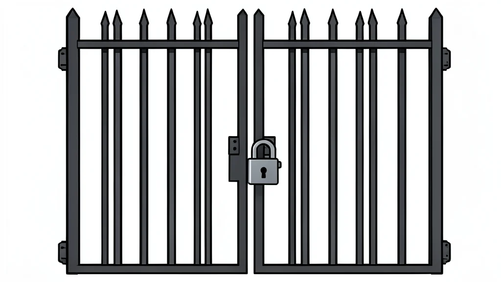 A heavy metal prison gate secured with a large padlock stands against a neutral background.