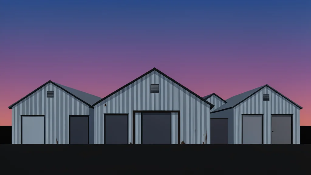 A cluster of small, weathered industrial warehouses with corrugated metal siding and loading docks, set against a twilight sky.