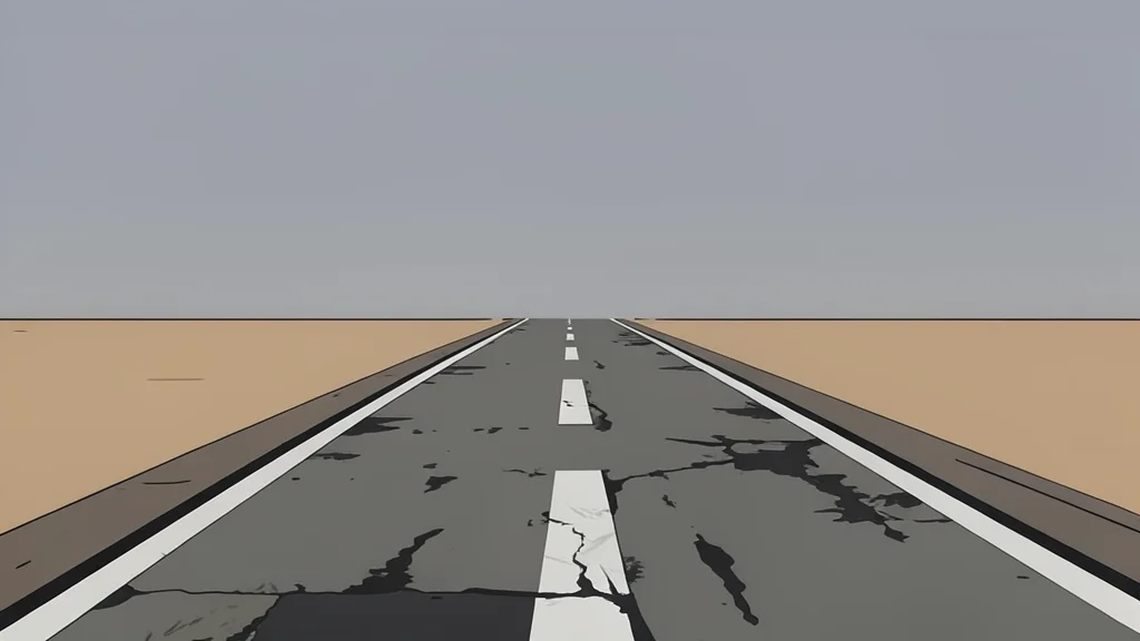 A weathered military airbase runway stretching into a dusty horizon under a grey sky