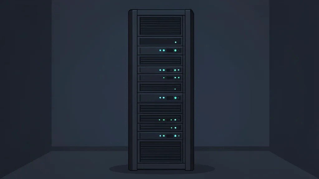 A large industrial server rack with blinking status lights in a dark room