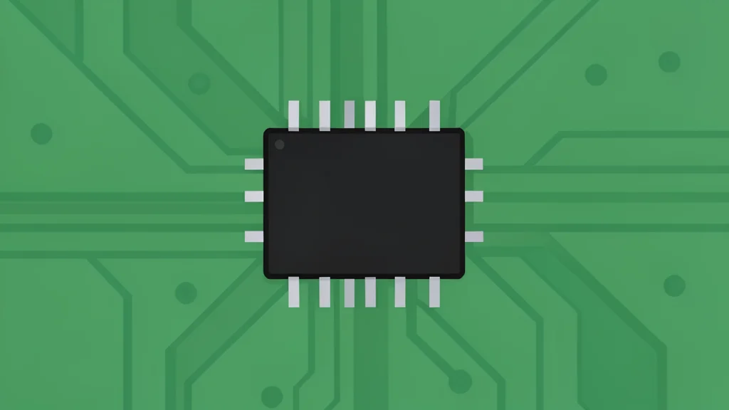 A close-up view of a black rectangular electronic component with metallic pins mounted on a green circuit board.