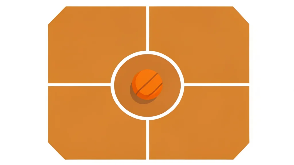 A polished hardwood basketball court with a single orange ball resting near the center circle