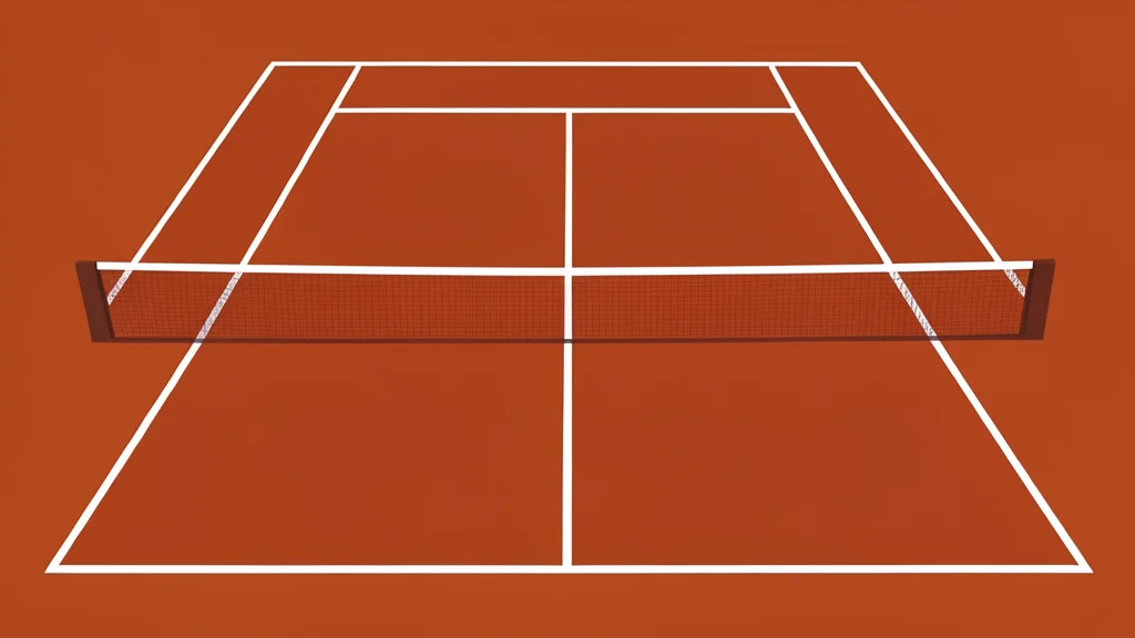 A red clay tennis court with white boundary lines and a net stretched across the center