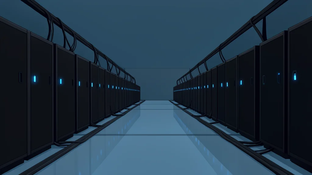 A vast, dimly lit server room with rows of black rectangular units featuring glowing blue status lights and thick bundles of cables running along the floor.