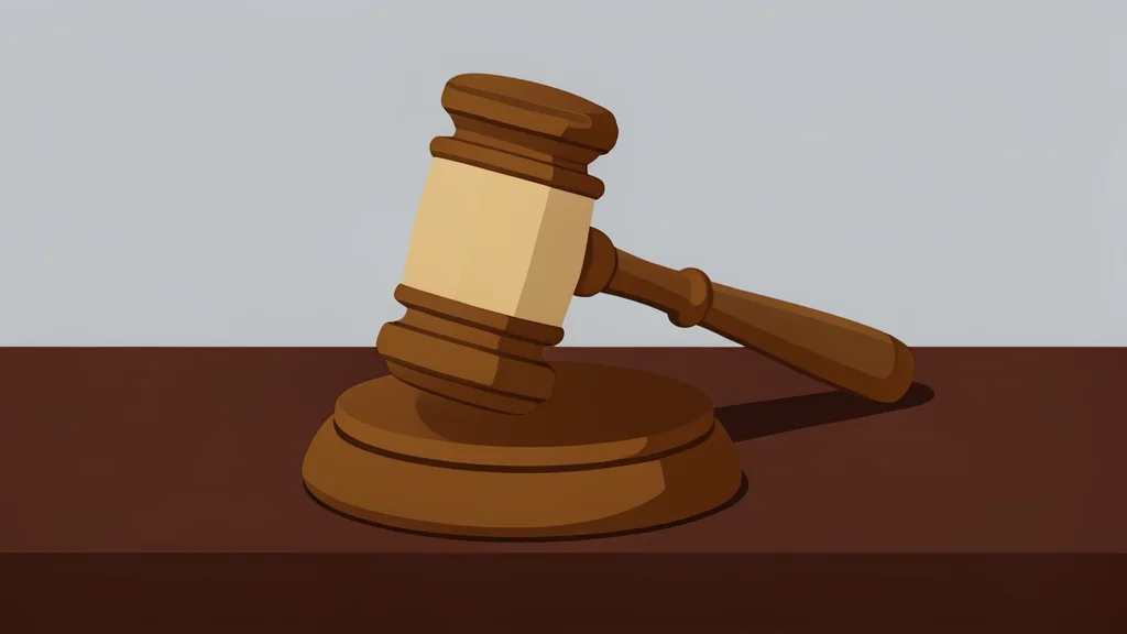 A wooden gavel resting on a dark mahogany desk.