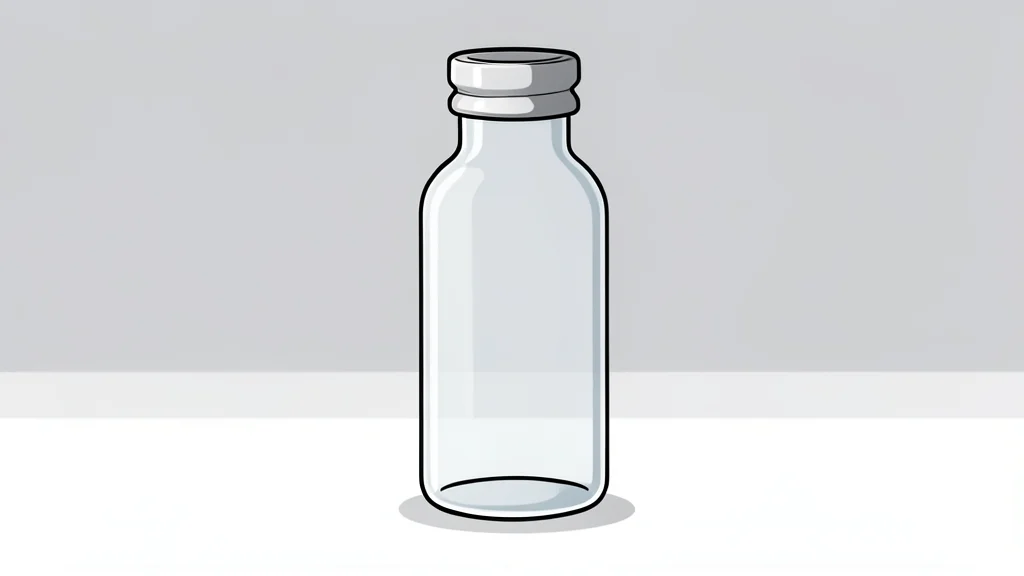 A glass vial containing a clear liquid standing on a white laboratory bench
