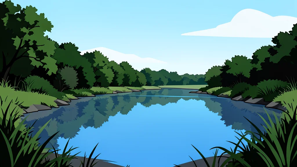 A rugged riverbank with dense vegetation and a calm water surface reflecting the sky