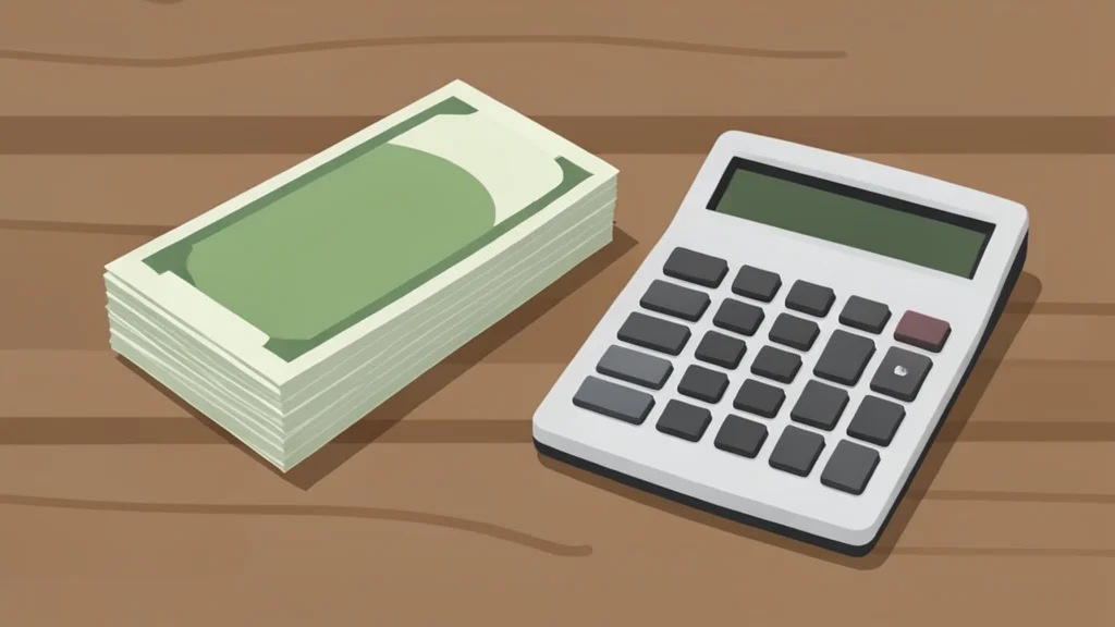 A stack of paper currency and a calculator on a wooden desk