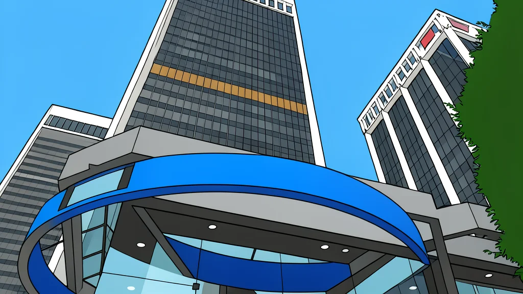 A modern glass office building with a grid of windows reflecting the sky