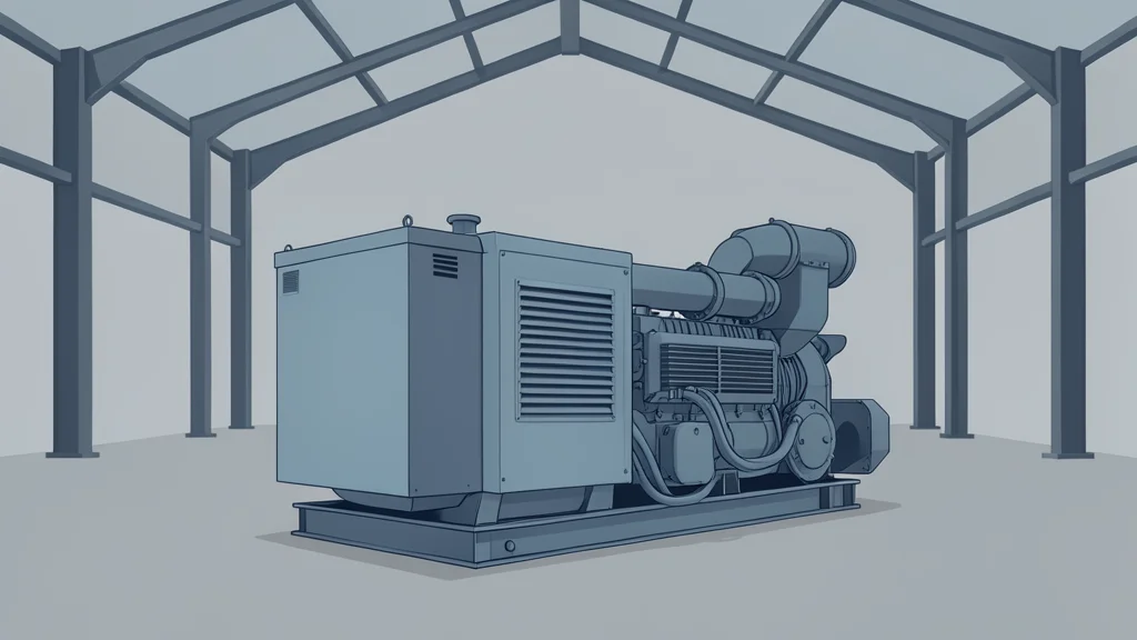 A large industrial diesel generator unit standing in a warehouse