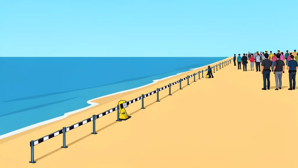 A stretch of sandy beach meeting the sea, with a line of police barriers and a crowd of people in the distance
