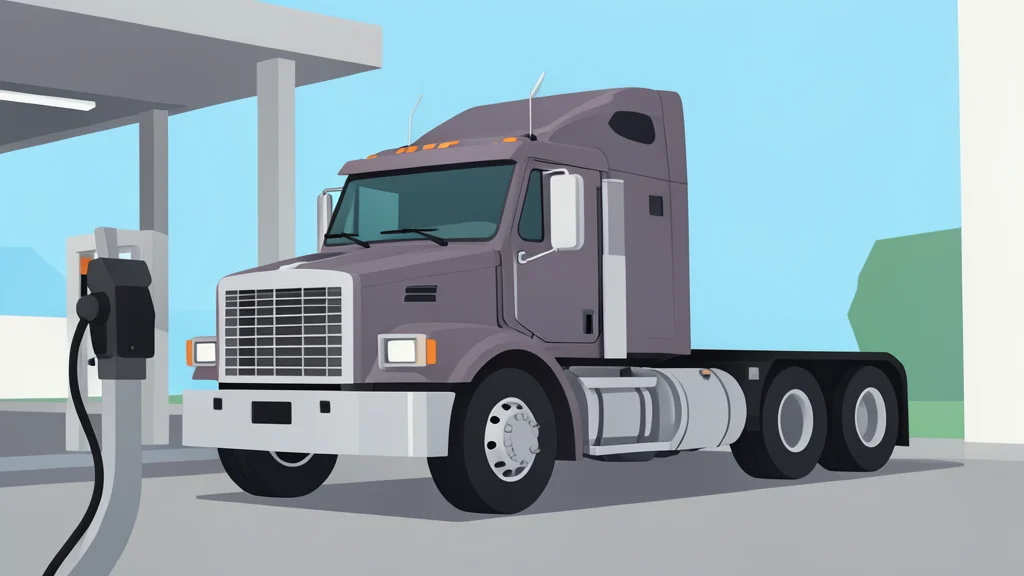 A heavy-duty semi-truck parked at a fueling station with a large metal pump nozzle in the foreground