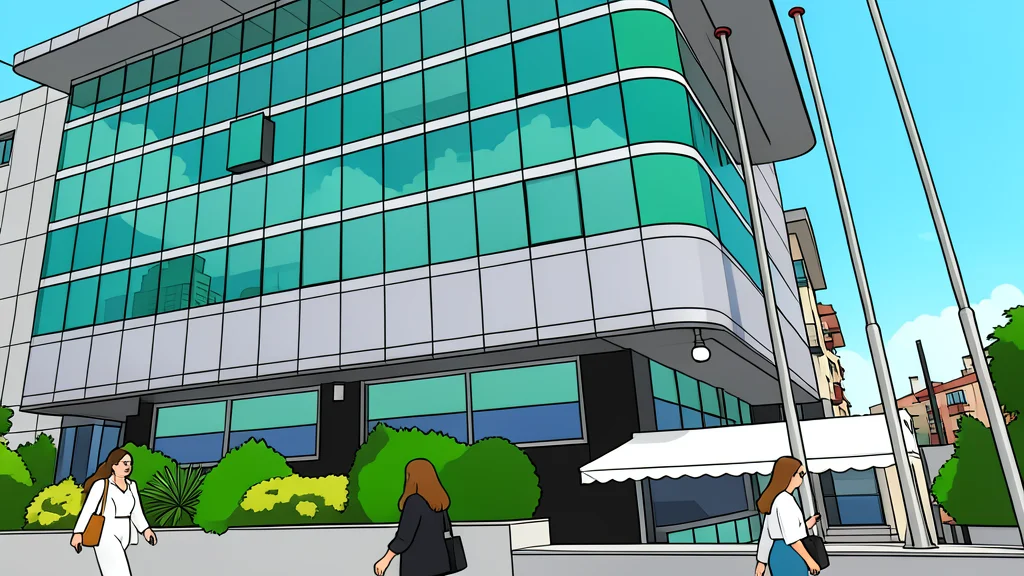 A modern bank building facade with glass windows and a generic entrance
