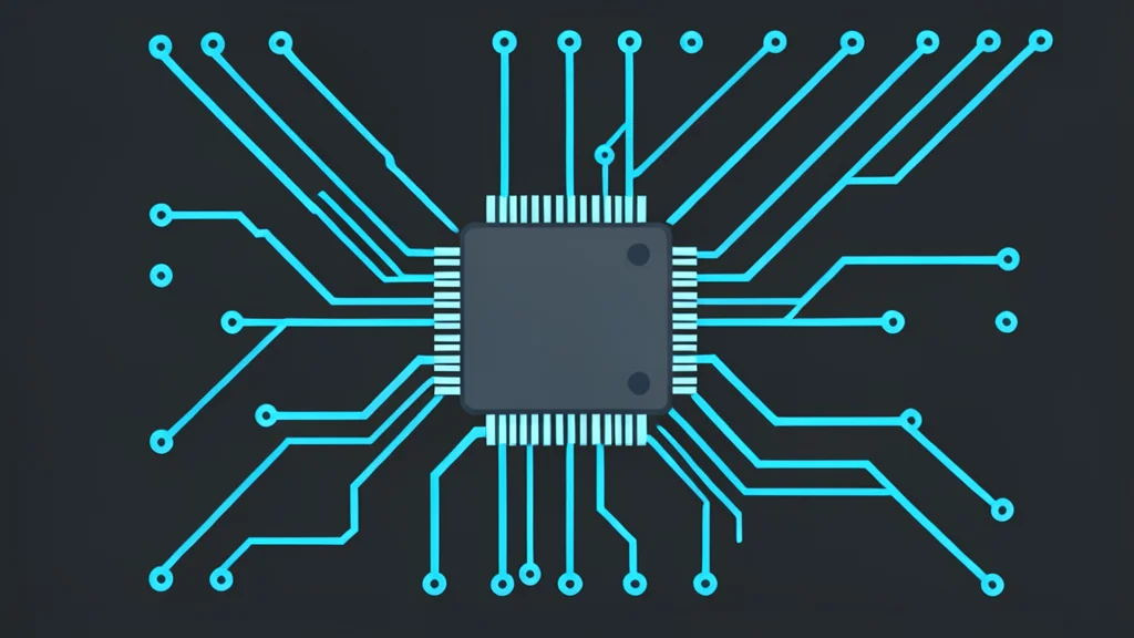 A digital circuit board with glowing blue traces and a central processor chip