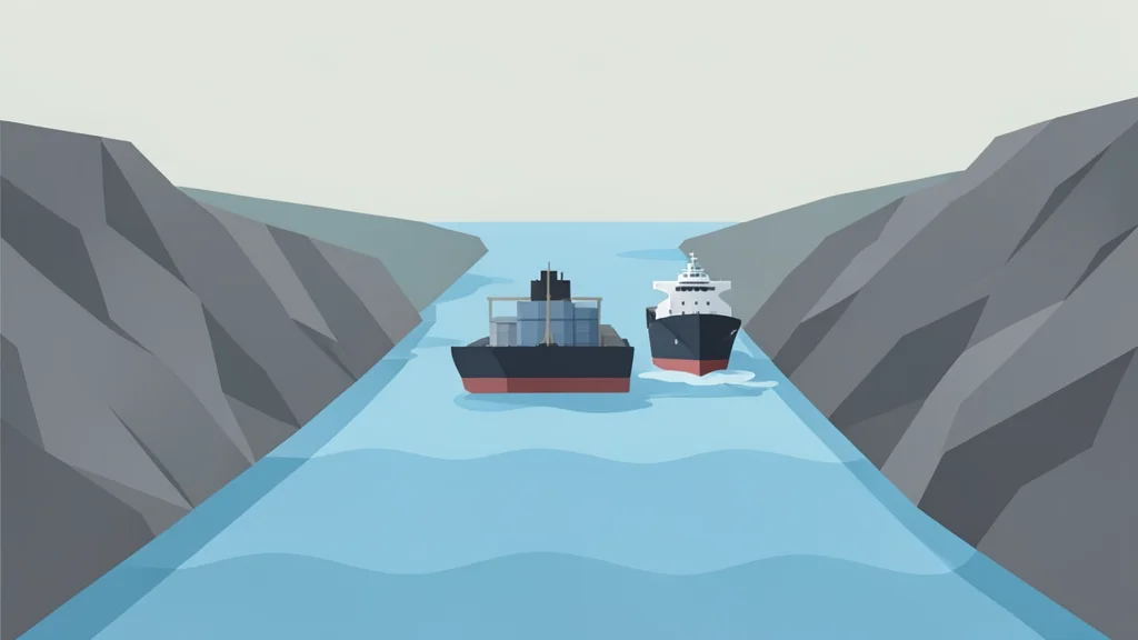 A flat vector illustration of the Strait of Hormuz with several oil tankers navigating a narrow waterway between rocky landmasses.