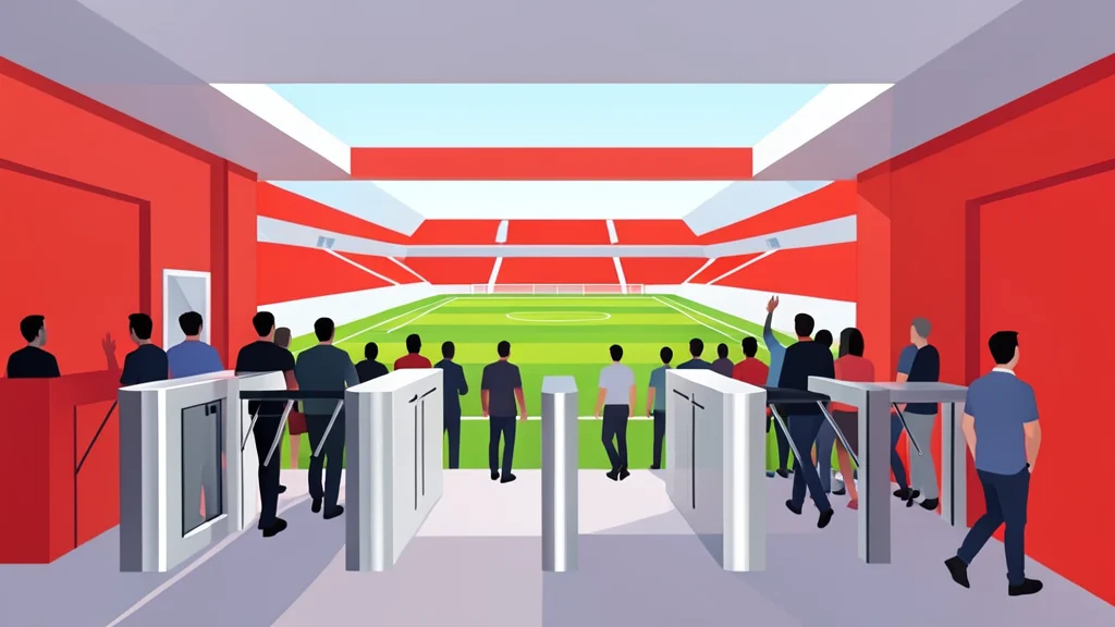 A modern soccer stadium entrance with turnstiles and a crowd of fans walking towards the field
