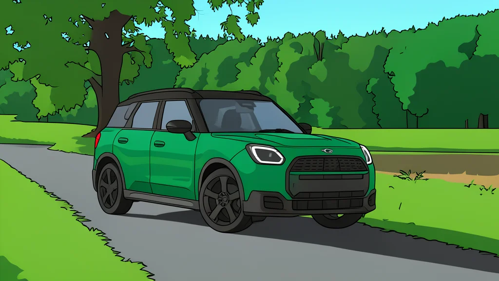 A compact electric hatchback parked on a quiet suburban street with a charging cable coiled on the ground nearby