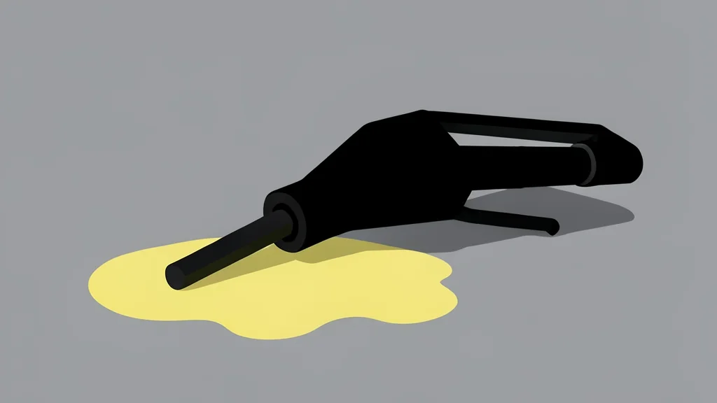A fuel pump nozzle resting on a concrete surface next to a puddle of spilled gasoline