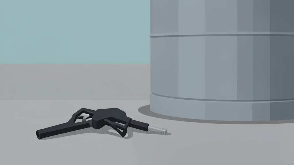 A fuel pump nozzle resting on a concrete surface next to a large industrial storage tank