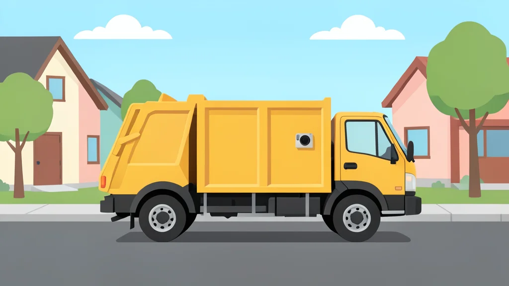 A municipal garbage truck driving down a residential street with a small camera unit mounted on the side panel