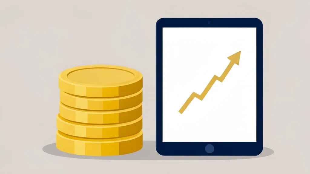 A stack of gold coins next to a digital tablet displaying a graph