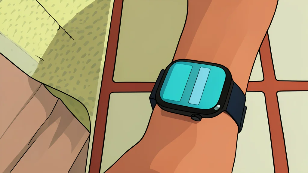 A sleek, modern wristwatch with a digital display face and a textured strap resting on a neutral surface.