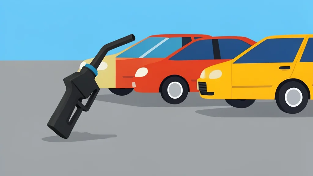 A gas pump nozzle resting on a concrete surface next to a row of parked cars