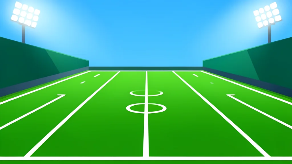 A green football field with white yard lines stretching into the distance under stadium lights
