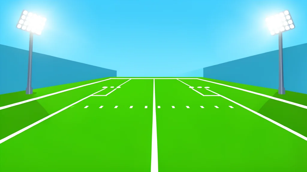 A green football field with white yard lines stretching into the distance under stadium lights