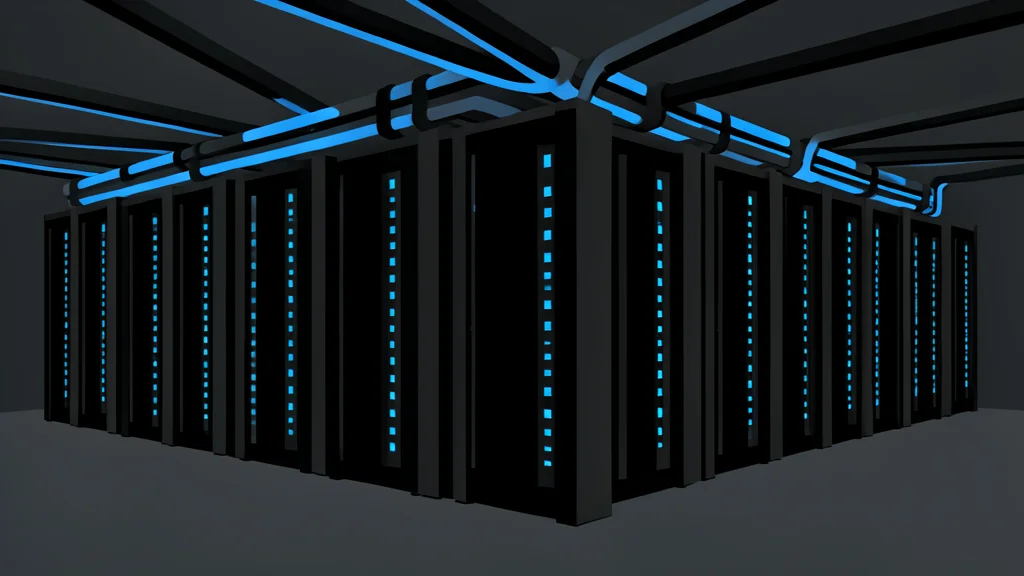 A vast, dimly lit server room with rows of black rectangular units featuring glowing blue status lights, connected by thick bundles of cables running along the floor and ceiling.