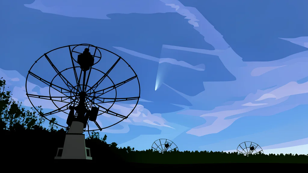 A large white parabolic radar dish mounted on a trailer in a green field