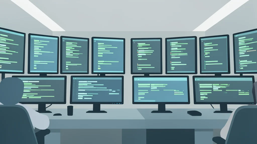 A flat vector illustration of a busy trading floor with rows of computer monitors displaying scrolling data streams.