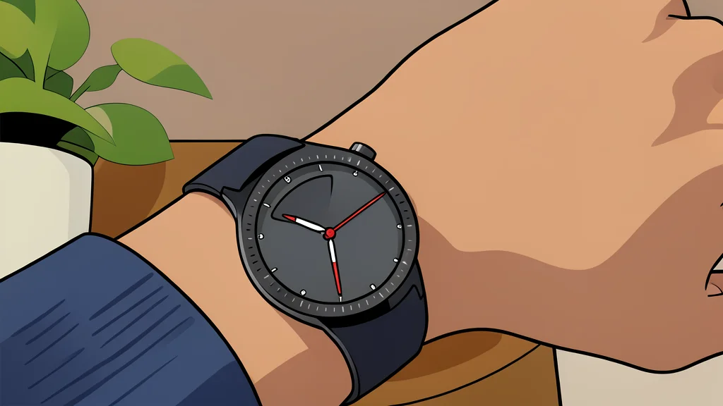 A stainless steel smartwatch with a round face and a leather strap resting on a wooden surface