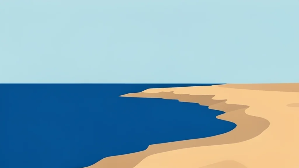 A rough, sandy coastline meeting the deep blue sea under a hazy sky