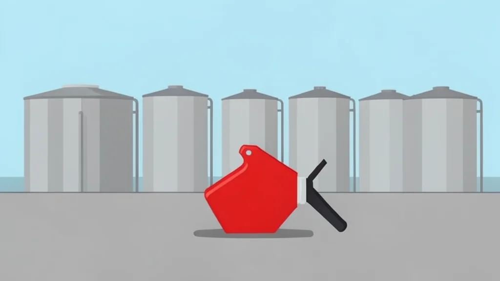 A red fuel pump nozzle resting on a gray concrete surface next to a row of industrial refinery tanks in the distance