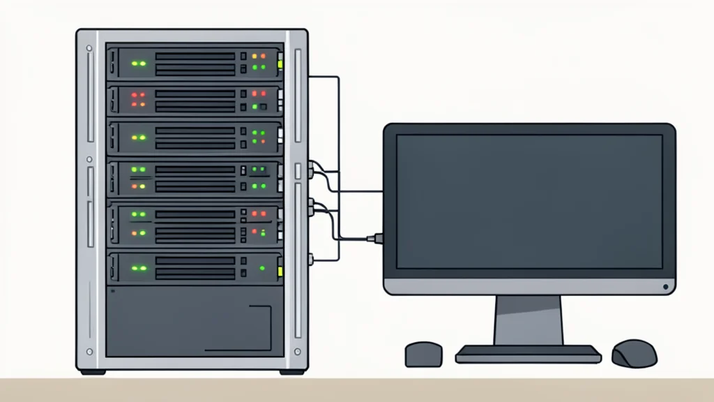 A local server rack with blinking status lights connected to a desktop computer