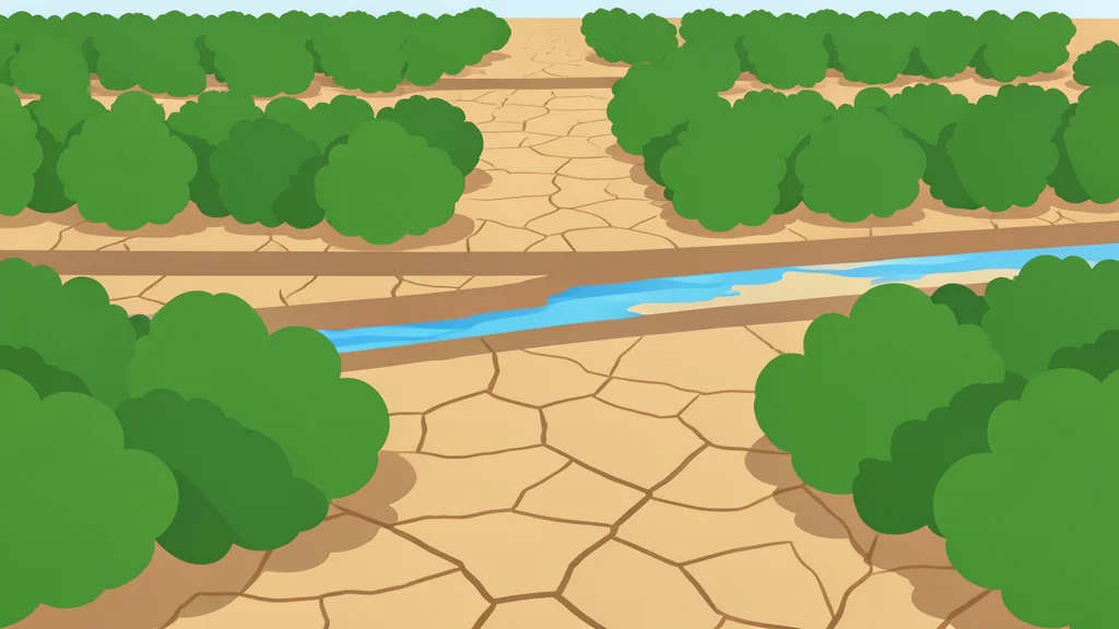 Rows of green henna shrubs growing in dry, cracked earth near a narrow irrigation canal